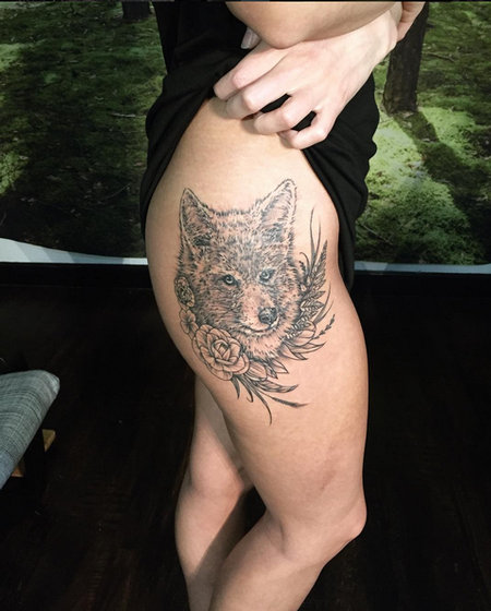 Tattoos - Coyote and Floral on Hip- Instagram @michaelbalesart - 121904
